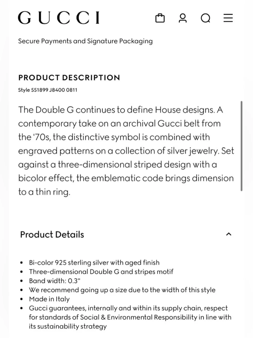 Gucci Silver and Black Double G Band Ring Unisex - Picture 9 of 9